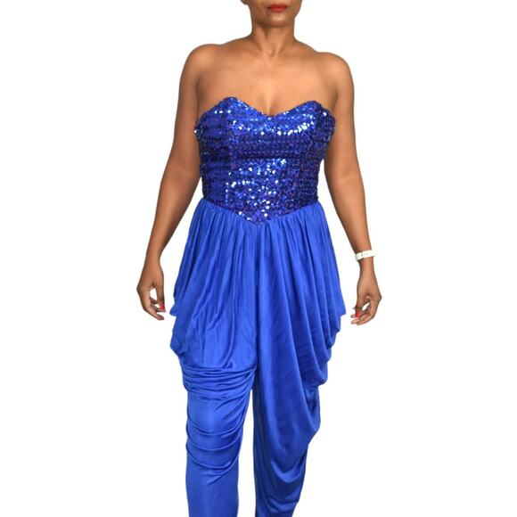 Sequin Draped Jumpsuit Vintage Blue Harem Strapless Sweetheart Pant Size Small - Picture 14 of 16